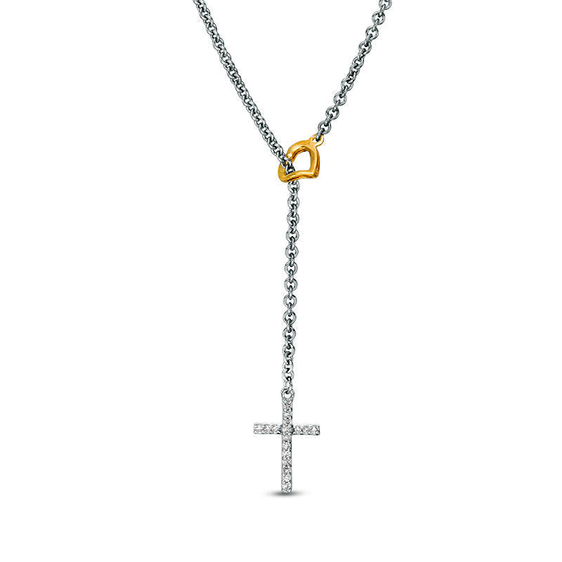 0.05 CT. T.W. Natural Diamond Cross with Heart Y" Necklace in Sterling Silver and 10K Yellow Gold"