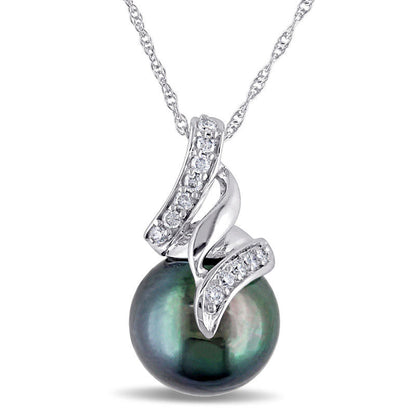 9.5 - 10.0mm Black Cultured Tahitian Pearl and 0.1 CT. T.W. Natural Diamond Cascading Ribbon Pendant in 10K White Gold - 17"