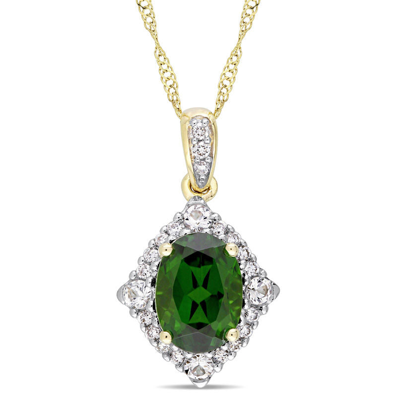 Oval Chrome Diopside, White Sapphire and 0.1 CT. T.W. Natural Diamond Frame Pendant in 14K Gold - 17"