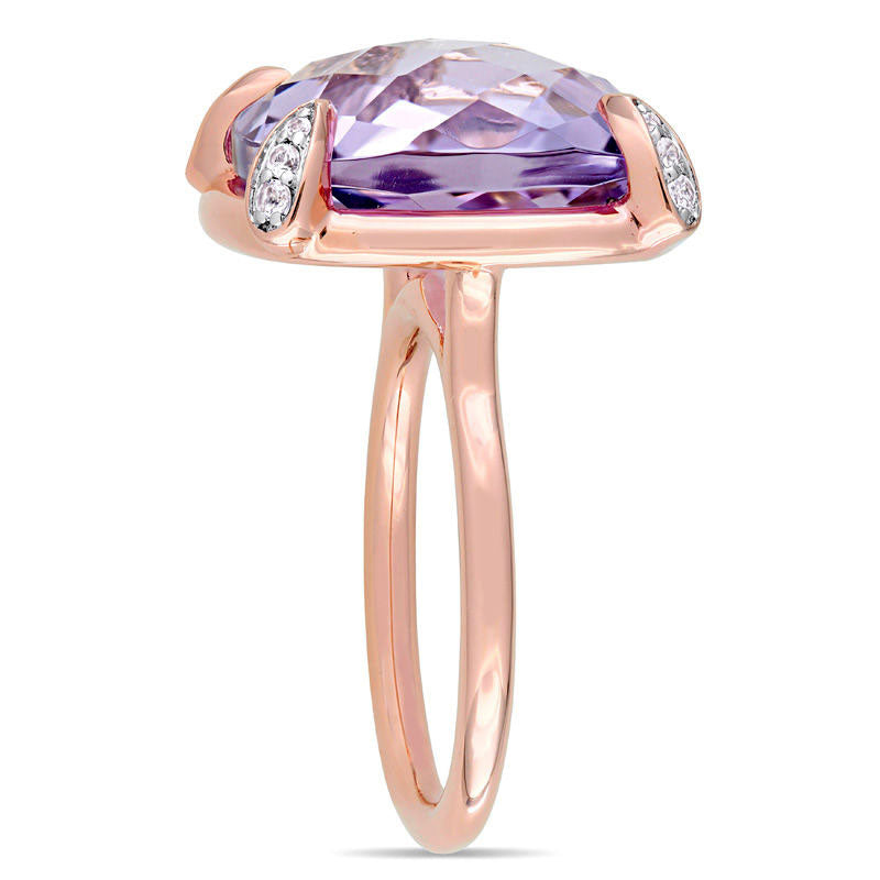 15.0mm Faceted Cushion-Cut Rose de France Amethyst and White Sapphire Ring in Solid 14K Rose Gold