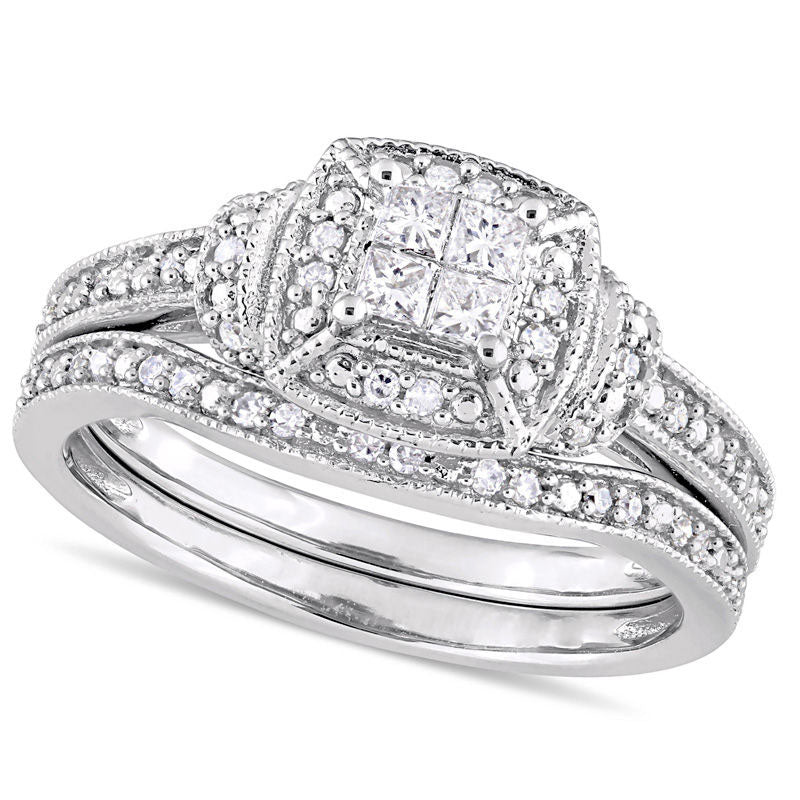 0.33 CT. T.W. Quad Princess-Cut Natural Diamond Frame Collar Antique Vintage-Style Bridal Engagement Ring Set in Solid 10K White Gold