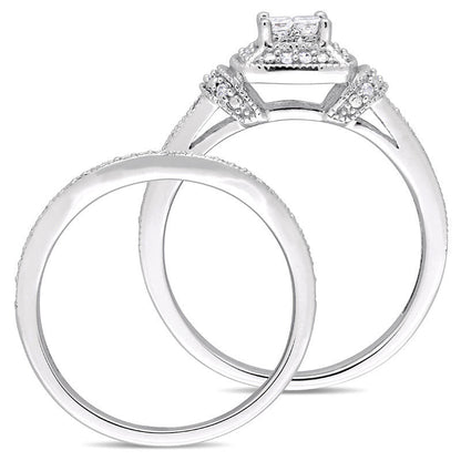 0.33 CT. T.W. Quad Princess-Cut Natural Diamond Frame Collar Antique Vintage-Style Bridal Engagement Ring Set in Solid 10K White Gold
