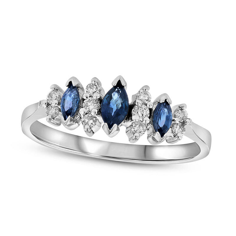 Marquise Blue Sapphire and 0.17 CT. T.W. Natural Diamond Seven Stone Illusion Ring in Solid 14K White Gold