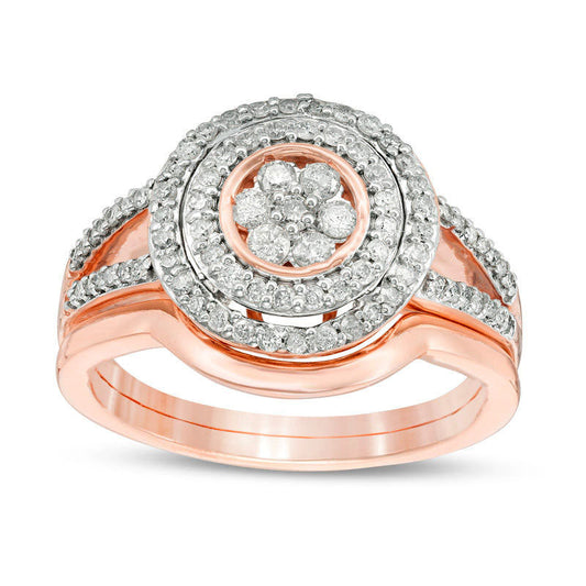 0.50 CT. T.W. Composite Natural Diamond Double Frame Bridal Engagement Ring Set in Solid 10K Rose Gold