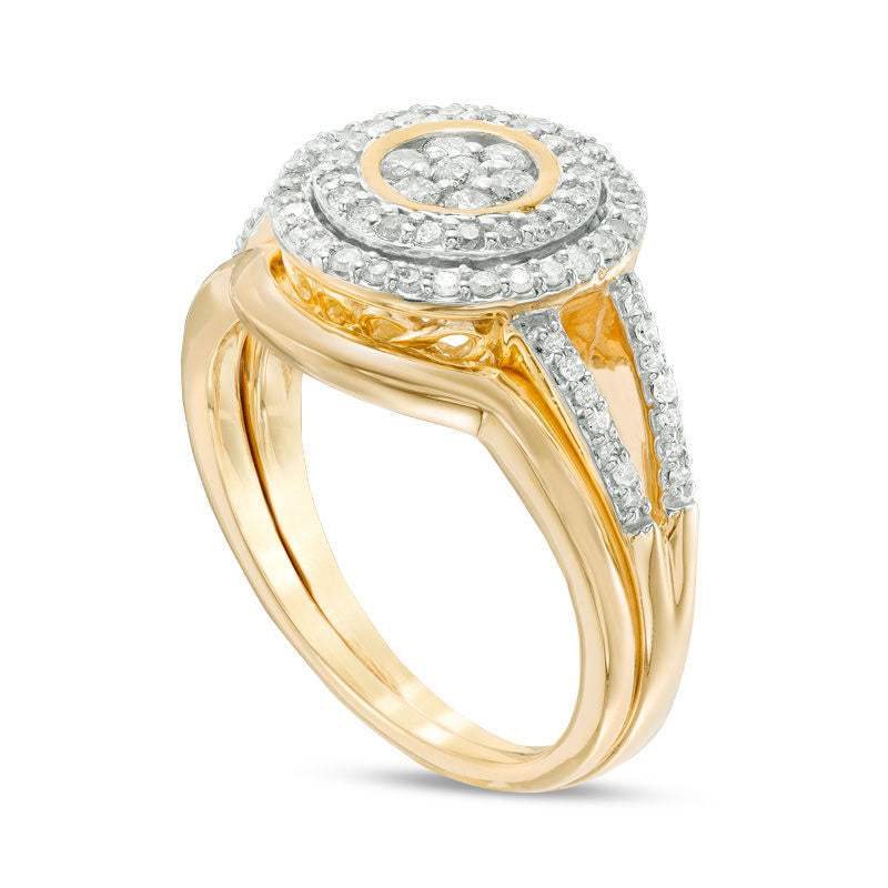 0.50 CT. T.W. Composite Natural Diamond Double Frame Bridal Engagement Ring Set in Solid 10K Yellow Gold