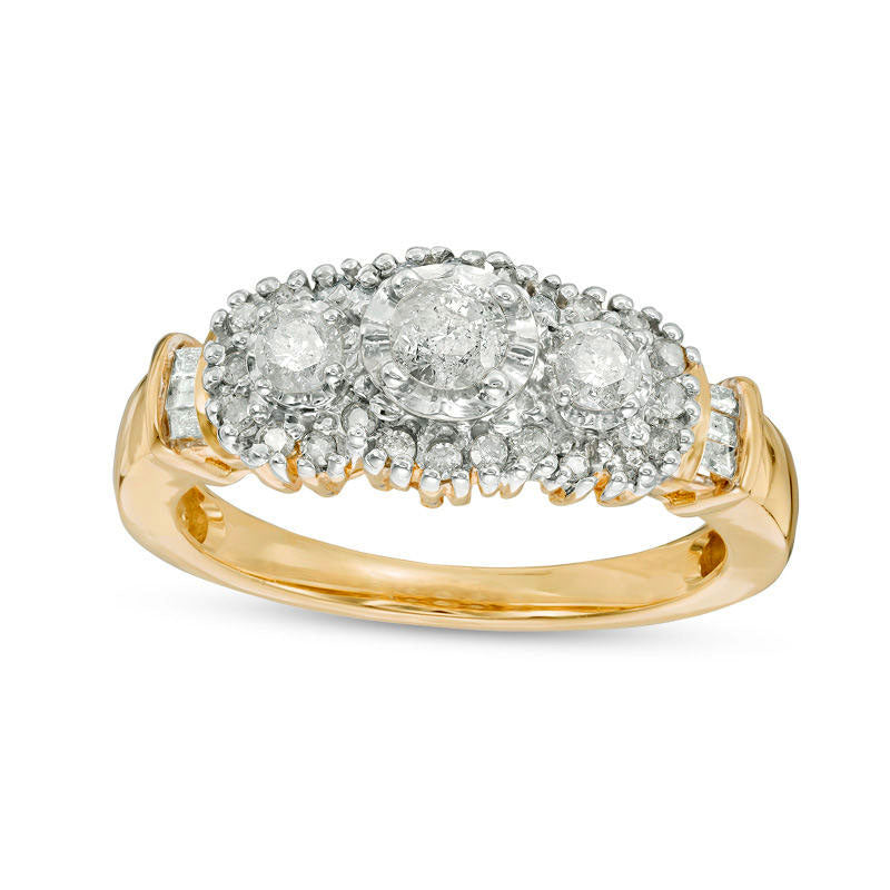 0.50 CT. T.W. Natural Diamond Three Stone Frame Collar Engagement Ring in Solid 10K Yellow Gold