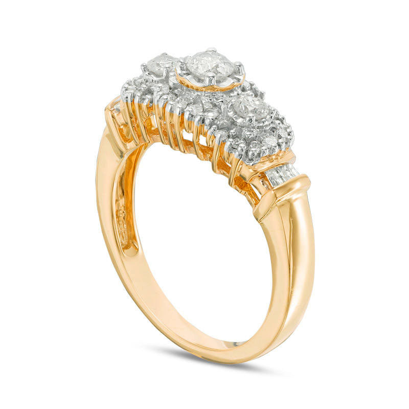 0.50 CT. T.W. Natural Diamond Three Stone Frame Collar Engagement Ring in Solid 10K Yellow Gold