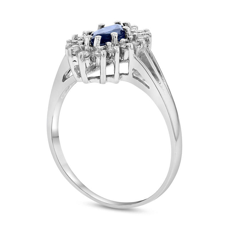 Marquise Blue Sapphire and 0.20 CT. T.W. Natural Diamond Sunburst Frame Split Shank Ring in Solid 14K White Gold