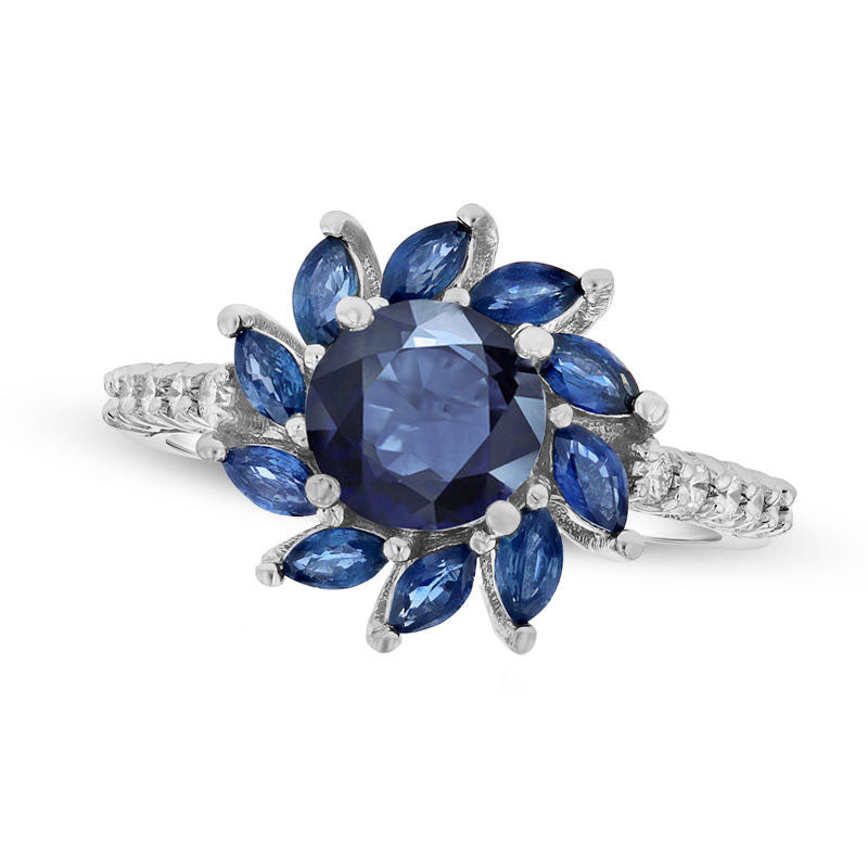 6.0mm Blue Sapphire and 0.25 CT. T.W. Natural Diamond Floral Frame Ring in Solid 14K White Gold