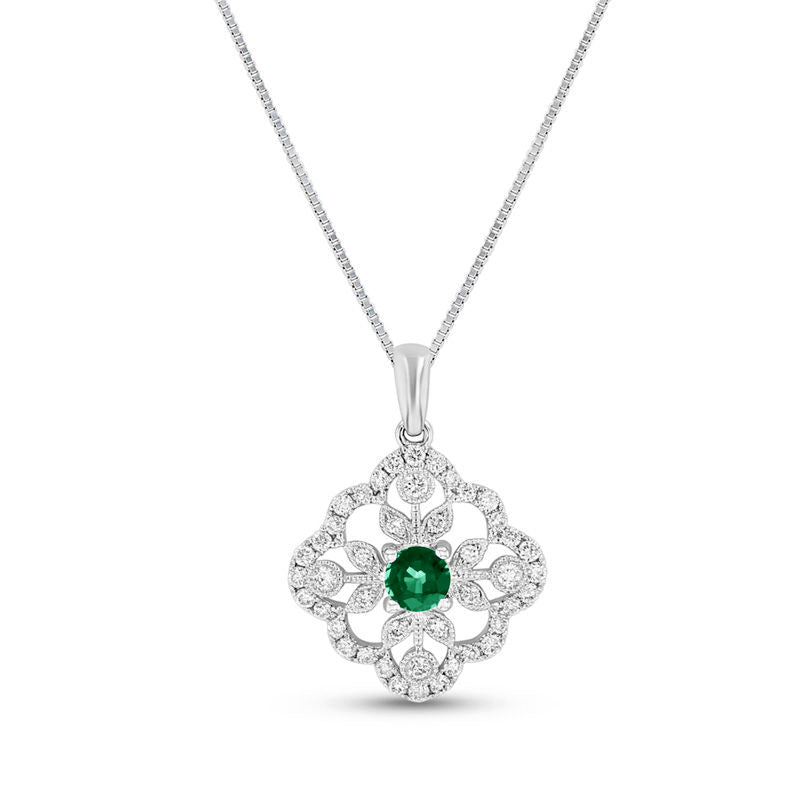 Emerald and 0.33 CT. T.W. Natural Diamond Ornate Floral Pendant in 14K White Gold