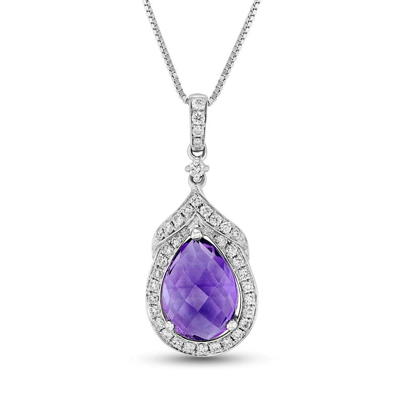 Pear-Shaped Amethyst and 0.25 CT. T.W. Natural Diamond Frame Pendant in 14K White Gold