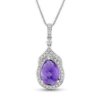Pear-Shaped Amethyst and 0.25 CT. T.W. Natural Diamond Frame Pendant in 14K White Gold