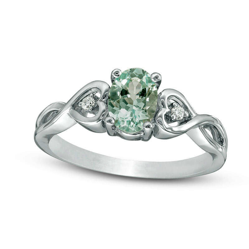 Oval Aquamarine and Natural Diamond Accent Heart Sides Promise Ring in Sterling Silver