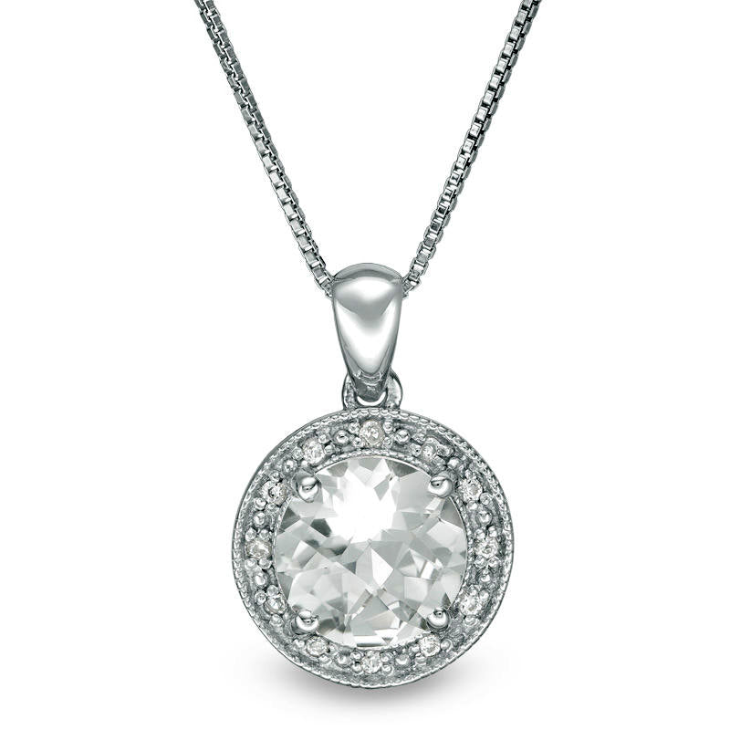 8.0mm White Topaz, Lab-Created White Sapphire and Diamond Accent Antique Vintage-Style Frame Pendant in Sterling Silver