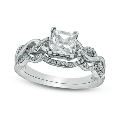 6.0mm Princess-Cut Lab-Created White Sapphire Braided Shank Bridal Engagement Ring Set in Sterling Silver