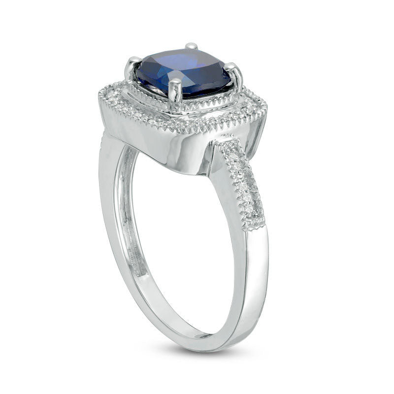7.0mm Cushion-Cut Lab-Created Blue Sapphire and 0.10 CT. T.W. Diamond Frame Engagement Ring in Solid 10K White Gold