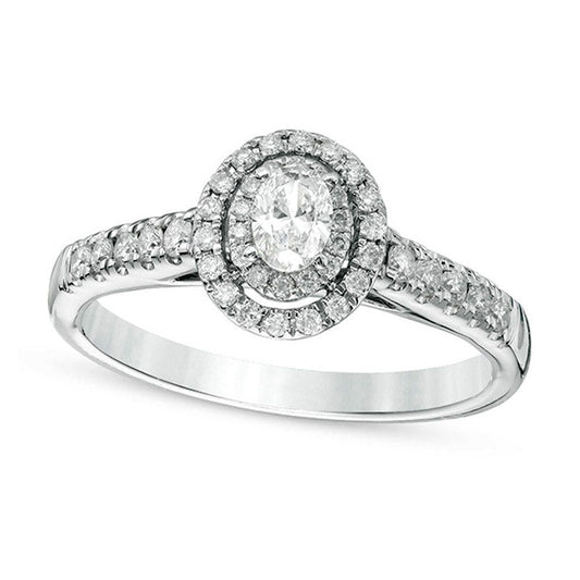 0.50 CT. T.W. Oval Natural Diamond Double Frame Engagement Ring in Solid 14K White Gold