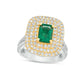 Emerald-Cut Emerald and 1.75 CT. T.W. Natural Diamond Triple Frame Split Shank Ring in Solid 14K Two-Tone Gold