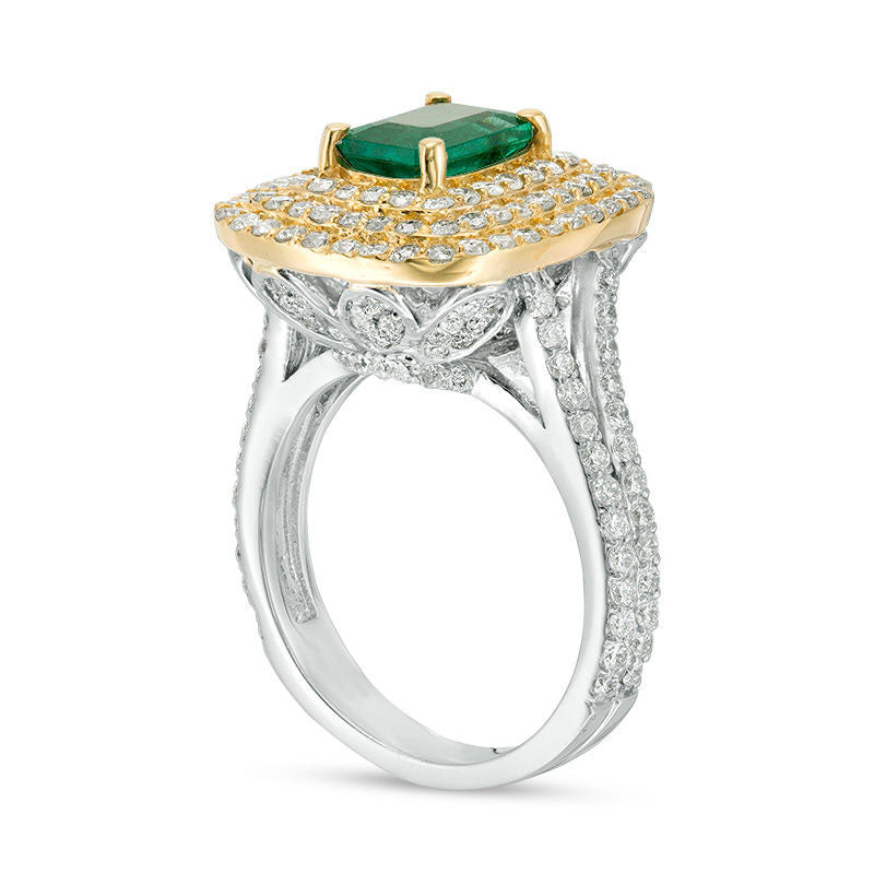 Emerald-Cut Emerald and 1.75 CT. T.W. Natural Diamond Triple Frame Split Shank Ring in Solid 14K Two-Tone Gold