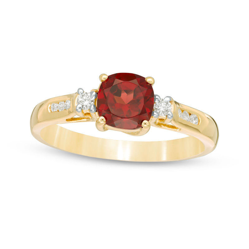 6.0mm Cushion-Cut Garnet and 0.13 CT. T.W. Natural Diamond Ring in Solid 10K Yellow Gold