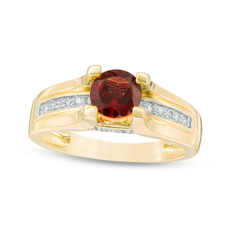 6.0mm Garnet and 0.10 CT. T.W. Natural Diamond Cathedral Shank Ring in Solid 10K Yellow Gold