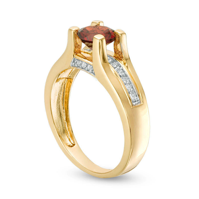 6.0mm Garnet and 0.10 CT. T.W. Natural Diamond Cathedral Shank Ring in Solid 10K Yellow Gold