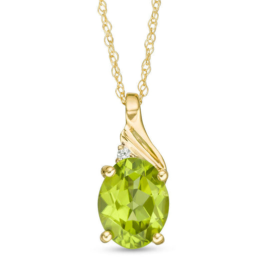 Oval Peridot and Natural Diamond Accent Swirl Top Pendant in 10K Yellow Gold
