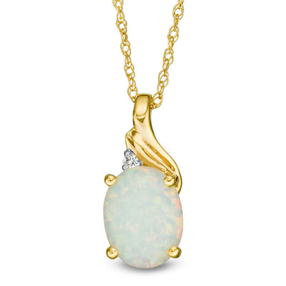 Oval Lab-Created Opal and Diamond Accent Swirl Top Pendant in 10K Yellow Gold