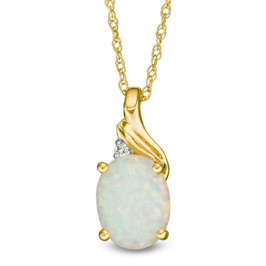 Oval Lab-Created Opal and Diamond Accent Swirl Top Pendant in 10K Yellow Gold