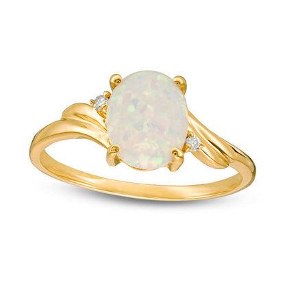 Oval Lab-Created Opal and Diamond Accent Bypass Swirl Shank Ring in Solid 10K Yellow Gold