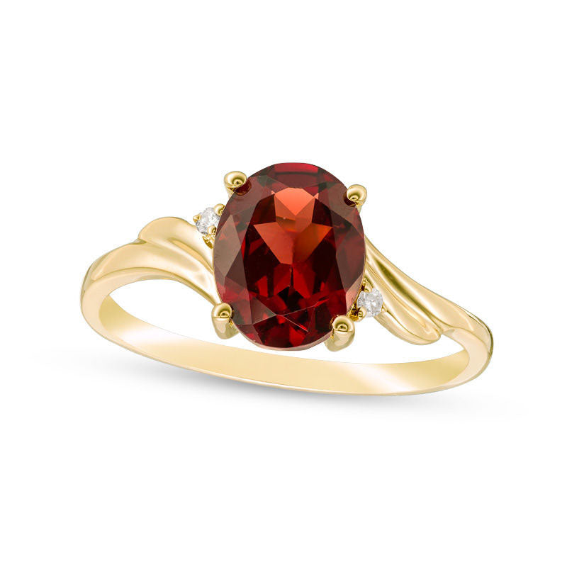 Oval Garnet and Natural Diamond Accent Bypass Swirl Shank Ring in Solid 10K Yellow Gold
