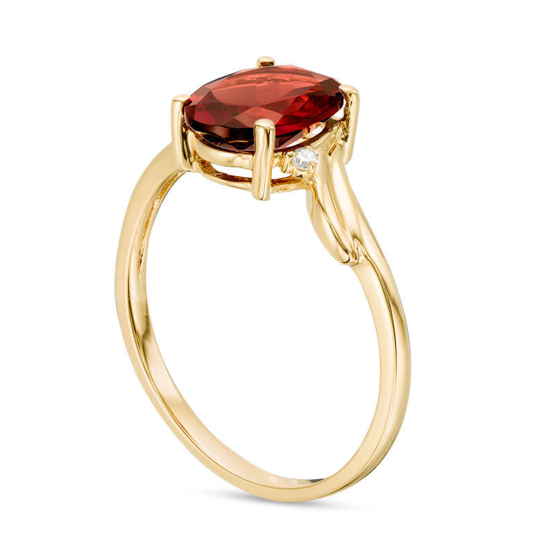 Oval Garnet and Natural Diamond Accent Bypass Swirl Shank Ring in Solid 10K Yellow Gold