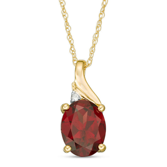 Oval Garnet and Natural Diamond Accent Swirl Top Pendant in 10K Yellow Gold