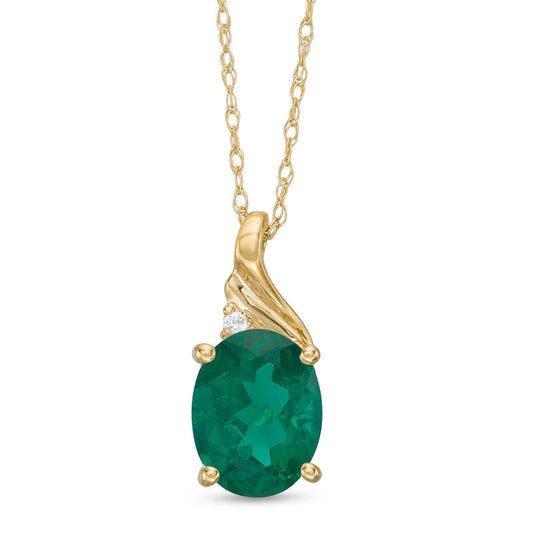 Oval Lab-Created Emerald and Diamond Accent Swirl Top Pendant in 10K Yellow Gold