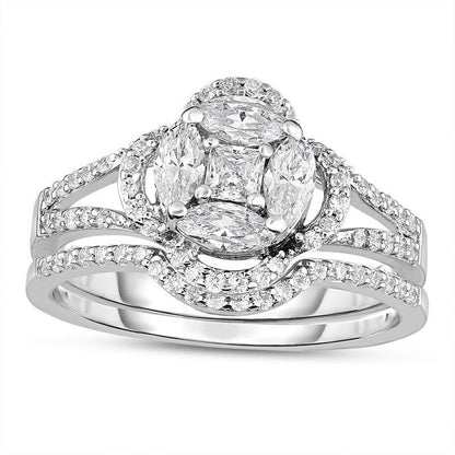 1.25 CT. T.W. Marquise and Princess-Cut Composite Natural Diamond Clover Frame Bridal Engagement Ring Set in Solid 14K White Gold