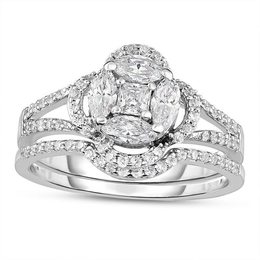 1.25 CT. T.W. Marquise and Princess-Cut Composite Natural Diamond Clover Frame Bridal Engagement Ring Set in Solid 14K White Gold