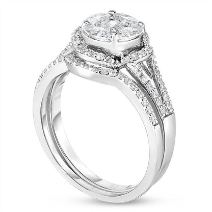 1.25 CT. T.W. Marquise and Princess-Cut Composite Natural Diamond Clover Frame Bridal Engagement Ring Set in Solid 14K White Gold