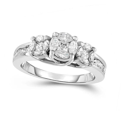 1.0 CT. T.W. Marquise and Princess-Cut Composite Natural Diamond Three Stone Engagement Ring in Solid 14K White Gold