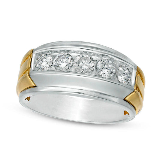 Men's 1.0 CT. T.W. Natural Diamond Five Stone Ridged Wedding Band in Solid 14K Two-Tone Gold