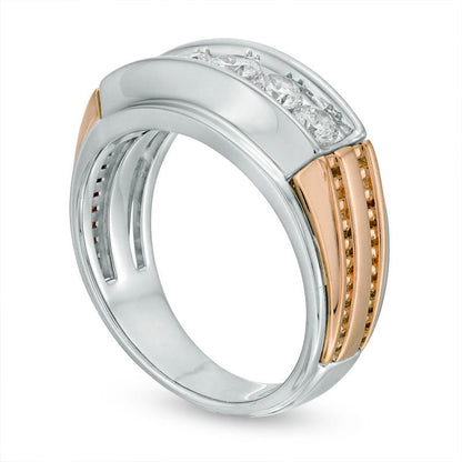 Men's 1.0 CT. T.W. Natural Diamond Five Stone Ridged Wedding Band in Solid 14K Two-Tone Gold