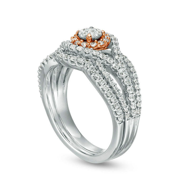 1.17 CT. T.W. Natural Diamond Frame Bypass Bridal Engagement Ring Set in Solid 10K Two-Tone Gold