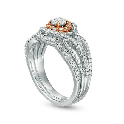 1.17 CT. T.W. Natural Diamond Frame Bypass Bridal Engagement Ring Set in Solid 10K Two-Tone Gold