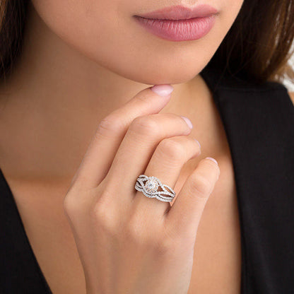 1.17 CT. T.W. Natural Diamond Frame Bypass Bridal Engagement Ring Set in Solid 10K Two-Tone Gold