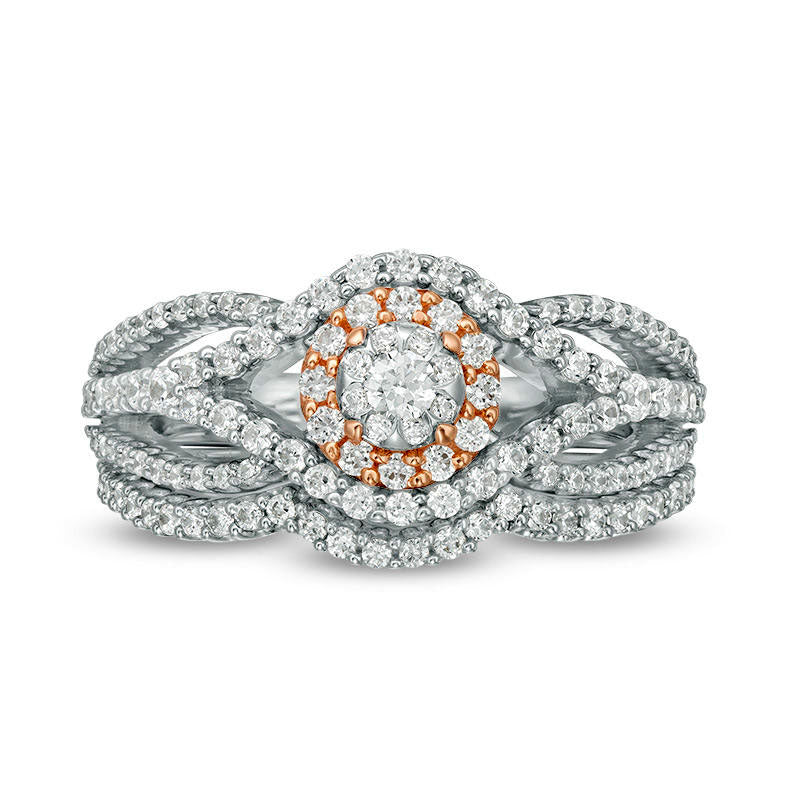 1.17 CT. T.W. Natural Diamond Frame Bypass Bridal Engagement Ring Set in Solid 10K Two-Tone Gold