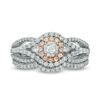 1.17 CT. T.W. Natural Diamond Frame Bypass Bridal Engagement Ring Set in Solid 10K Two-Tone Gold