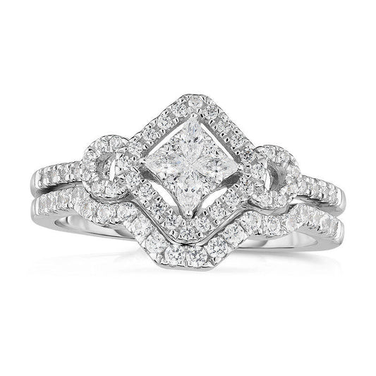 0.50 CT. T.W. Composite Natural Diamond Tilted Double Square Frame Bridal Engagement Ring Set in Solid 14K White Gold