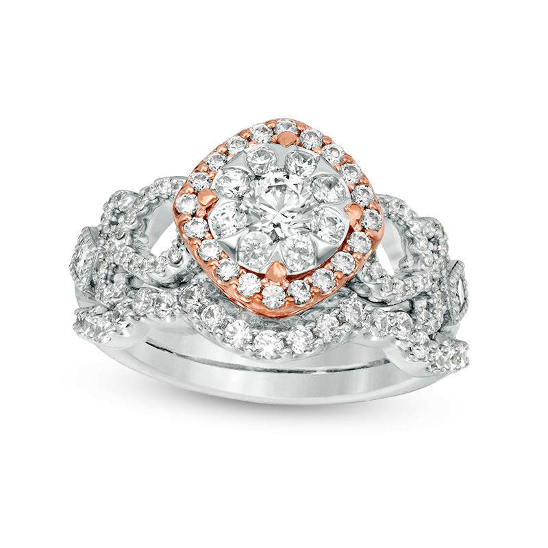 1.25 CT. T.W. Natural Diamond Tilted Cushion Frame Antique Vintage-Style Bridal Engagement Ring Set in Solid 10K Two-Tone Gold