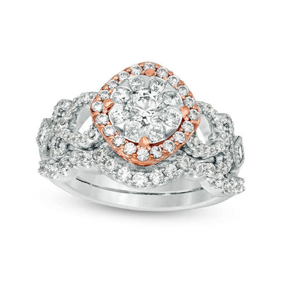 1.25 CT. T.W. Natural Diamond Tilted Cushion Frame Antique Vintage-Style Bridal Engagement Ring Set in Solid 10K Two-Tone Gold