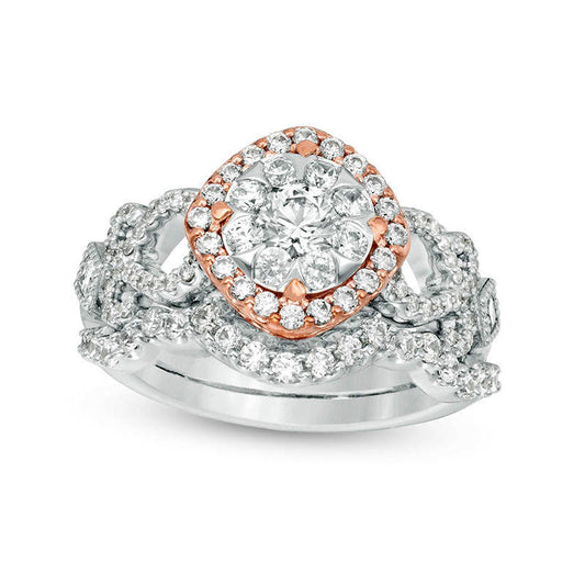 1.25 CT. T.W. Natural Diamond Tilted Cushion Frame Antique Vintage-Style Bridal Engagement Ring Set in Solid 10K Two-Tone Gold