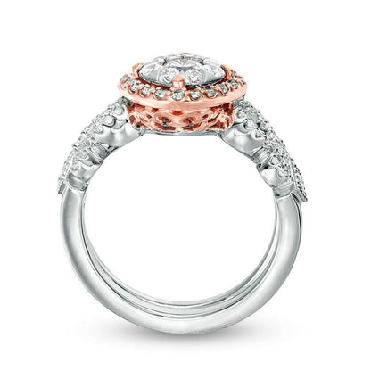 1.25 CT. T.W. Natural Diamond Tilted Cushion Frame Antique Vintage-Style Bridal Engagement Ring Set in Solid 10K Two-Tone Gold